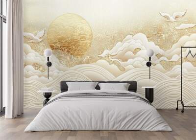 Golden Abstract Pattern with White Birds and Waves Wall mural