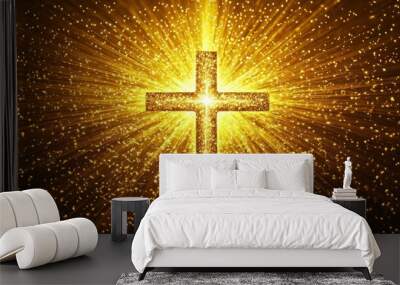 Golden Cross with Light Rays and Sparkles Wall mural