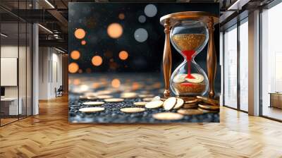 Golden Hourglass with Coins and Bokeh Lights   Time is Money Concept Wall mural