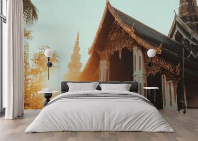 Golden Sunset at a Traditional Thai Temple Wall mural