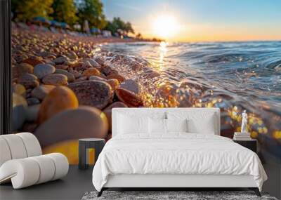 Golden Sunset Waves Crashing on Pebble Beach Wall mural