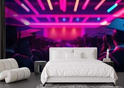 Graduation Ceremony Back View with Neon Lights Wall mural