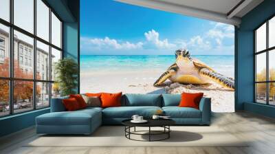 Green Sea Turtle on Tropical Beach with Blue Ocean and Sky Wall mural