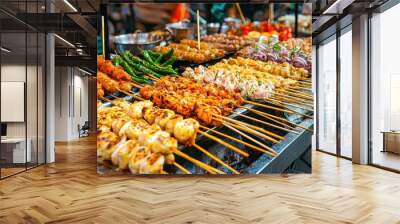 Grilled Meat Skewers on Sticks at a Street Food Market Wall mural