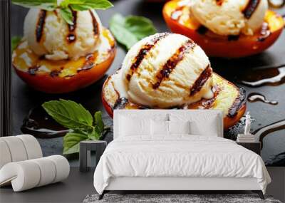 Grilled Peach Halves with Vanilla Ice Cream and Balsamic Glaze Wall mural