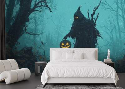 Halloween Spooky Figure in Dark Forest with Jack o  Lantern Wall mural