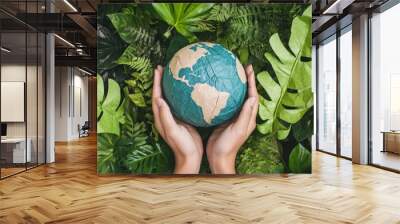 Hands Holding Paper Earth Globe Surrounded by Green Leaves Wall mural