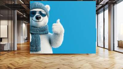 Happy Polar Bear in Winter Outfit Giving Thumbs Up Wall mural