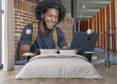 Happy Student Using Laptop in College Hallway Wall mural