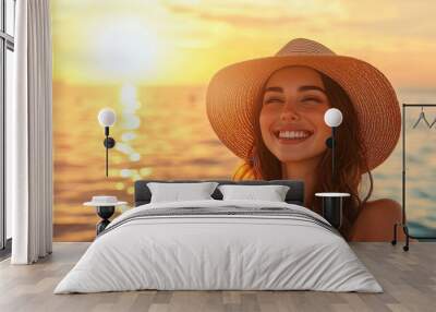 Happy Woman in Straw Hat Enjoying Sunset at Beach Wall mural