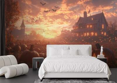 Haunted House and Jack o Lanterns at Sunset Wall mural