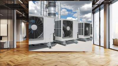 Industrial HVAC Units on Roof with Blue Sky and Clouds Wall mural