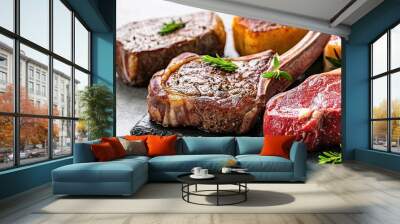 Juicy Grilled Steak with Rosemary and Peppercorns on Black Slate Wall mural