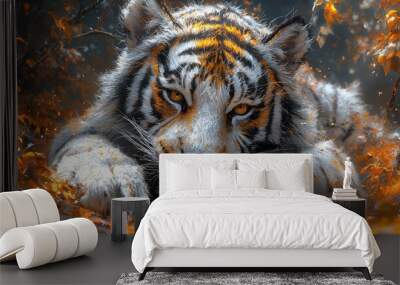 Majestic Tiger Cub Hiding in Autumn Leaves Wall mural