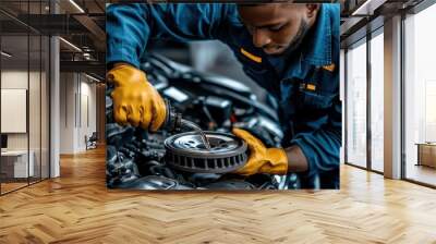 Mechanic Filling Car Engine with Oil Wall mural