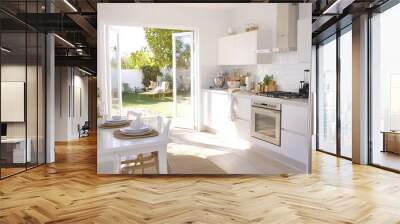 Modern White Kitchen with Garden View and Dining Table Wall mural