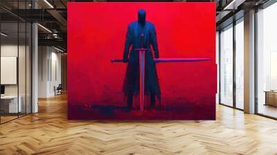 Mysterious Figure with Sword in Red Background  Digital Art  Fantasy Illustration Wall mural