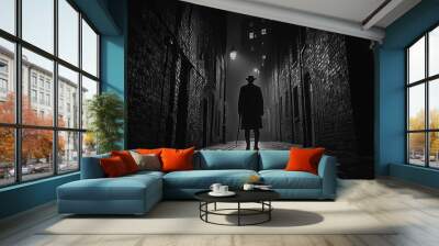 Mysterious Man Walking in Dark Alleyway at Night Wall mural