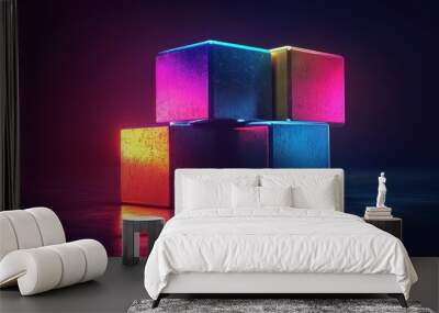 Neon Glowing Cubes Abstract  D Rendering Wall mural