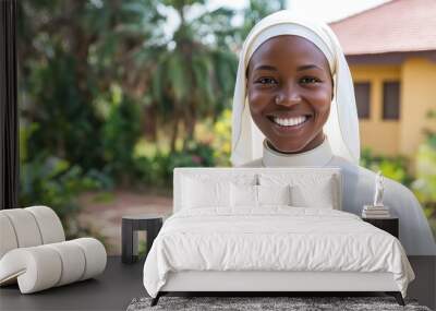 Portrait of a Smiling African Nun in White Habit Wall mural