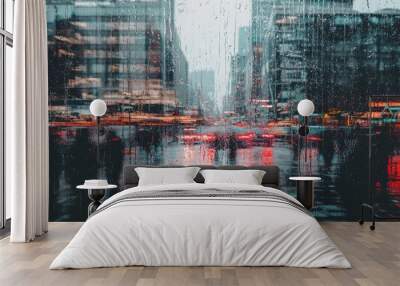 Rainy Cityscape Through Wet Window Wall mural