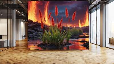 Red Grass Growing in a Volcanic Landscape. Wall mural