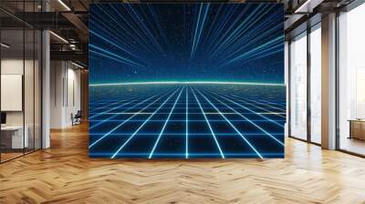 Retro Futuristic Grid Landscape with Stars and Light Trails Wall mural