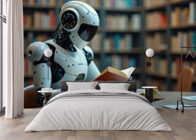 Robot Reading a Book in a Library. Wall mural