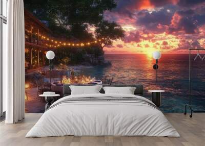 Romantic Oceanfront Dinner with Sunset Sky and String Lights Wall mural