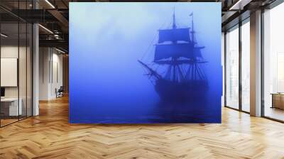 Sailboat in Fog  Ocean  Blue Sky  Sea  Water  Foggy  Mysterious  Silhouette   Dramatic   Landscape   Horizon Wall mural