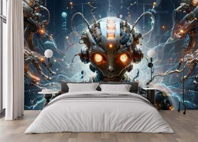 Sci-fi or fantasy scene with space for text, featuring a armored warrior or robot soldier Wall mural