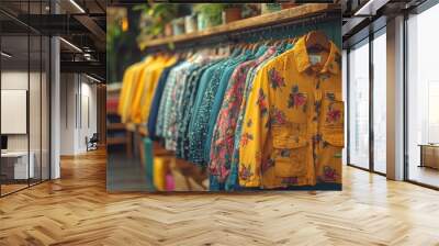 Slow fashion Clothes on hangers in a shop showcase Recycled organic apparel Wall mural