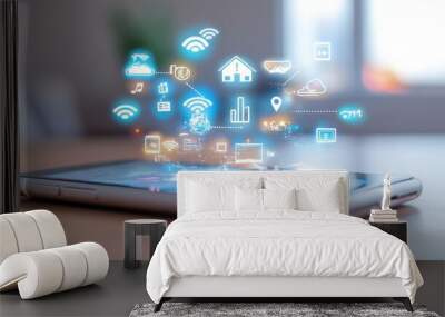 Smartphone with glowing icons for smart home  internet  and mobile technology Wall mural