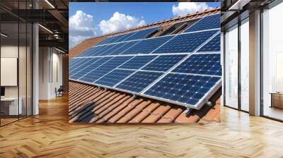 Solar Panels On Roof Of House With Blue Sky And Clouds Wall mural