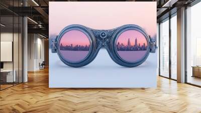 Steampunk Goggles Reflecting Cityscape at Sunset Wall mural