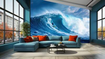 Surfer Riding Giant Wave  Ocean  Blue Water  Extreme Sport  Big Wave Surfing Wall mural