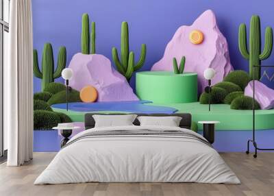 Surreal 3D Desert Landscape with Cactus  Rocks  and Podiums   Abstract Art Background Wall mural