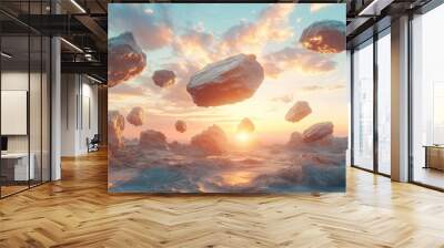 Surreal Landscape with Floating Rocks and Sunset Sky Wall mural