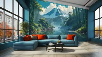 Tranquil Bamboo Forest with Mountain View. with copy space for text Wall mural