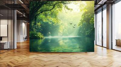 Tranquil Rainforest River with Mist and Birds in Flight Wall mural