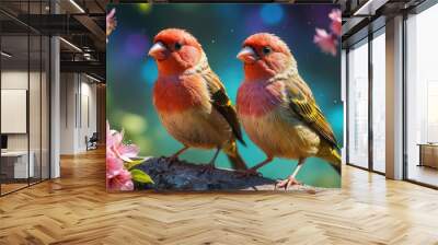 Two Red-Crested Finches Perched on a Branch with Pink Flowers. Wall mural