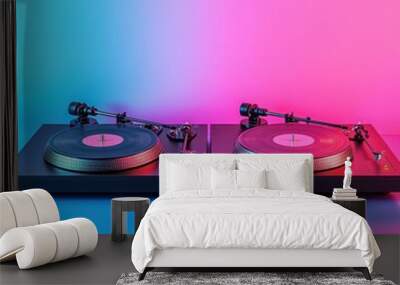 Two Turntables with Neon Lights  Vinyl Record Player  DJ Equipment Wall mural