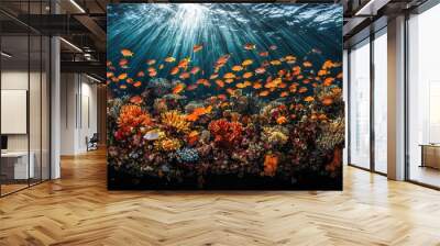 Underwater Coral Reef with School of Fish and Sunbeams Wall mural