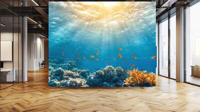 Underwater Coral Reef with Sunbeams and Fish Wall mural