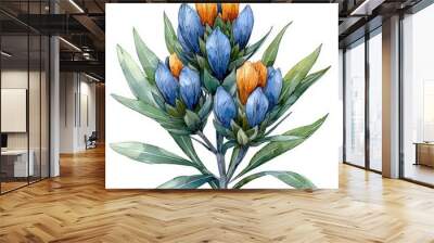 Watercolor Gaillardia Flower Bouquet  Blue and Yellow  Isolated on White Background Wall mural