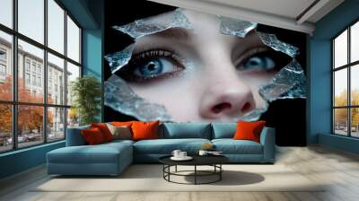 Woman s Eye Through Broken Glass  Dramatic Close up  Surreal  Mysterious  Dark  Fantasy  A Wall mural