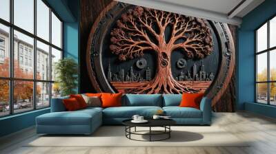 Wooden Tree Sculpture with Cityscape. Wall mural