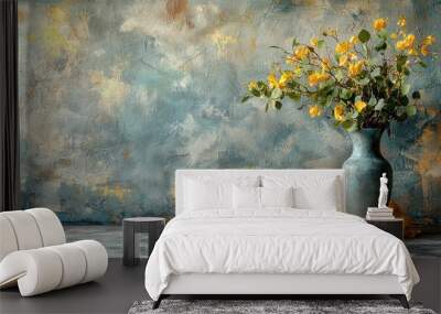 Yellow Flowers in Blue Vase on Textured Background Wall mural