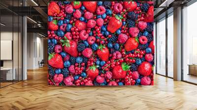 Berries overhead large closeup colorful assorted mix of strawbwerry, blueberry, raspberry, blackberry, red currant in studio on dark background in studio Wall mural