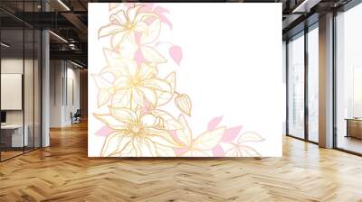 corner bouquet with outline clematis or traveller's joy ornate flower bunch, bud and leaves in gold  Wall mural